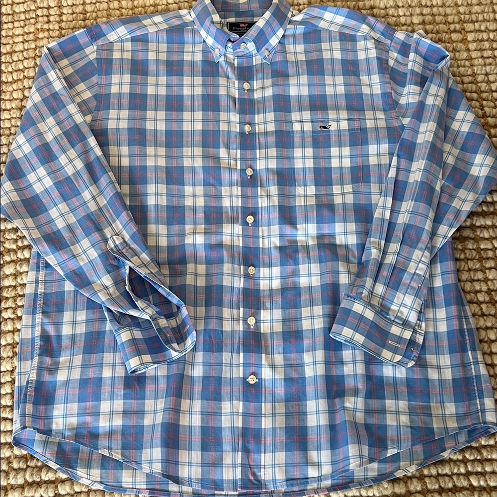 Vineyard Vines Mens XL Blue and Pink Plaid Button Down Shirt Classic Fit Tucker